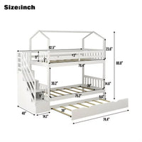 Twin over Twin Bunk Bed Frame with Pull Out Bed and Storage Stairs, White