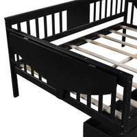 Full Size Daybed with Two Drawers, Multifunctional Wood Daybed Frame with Three Sides Handrails and Foldable Shelves, Full Platform Bed Sofa Bed with Wood Slat Support, No Box Spring Needed, Espresso