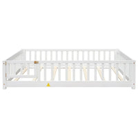 Full Size Floor Bed for Toddlers and Kids, Solid Wood Montessori Floor Bed with Safety Fence Rail and Small Door, Durable Montessori Bed Frame with Sturdy Slats Support for Boys and Girls, White