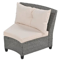 9-Piece Outdoor Wicker Round Sofa Set, Half-Moon Sectional Patio Sofa Set with Side Table, Curved Sofa Set With Round Coffee Table, Steel Legs, Movable Cushion, Beige Cushion & Gray Frame