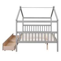 Full Size House Bed Frame, Wood Platform Bed with 2 Drawers, Decorative Canopy Bed Top, Sturdy Frame Wood Legs Supprot, No Box Spring Needed, Gray