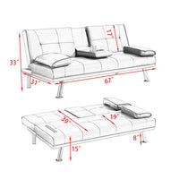 67" Convertible Sofa Bed, PU Leather Sofa with 2 Adjustable Cup Holders, Double Folding Sofa Sleeper with Pillows and Metal Frame for Home Office Hotel, Beige