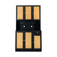 70.87" Pantry Storage Cabinet, Freestanding Kitchen Cabinet with Oven Countertop and 6 Rattan Doors, Tall Storage Cabinet with Doors and Shelves for Living Room, Black