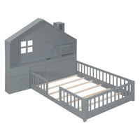 Full Floor Bed for Kids, Wood Montessori Floor Bed with Rails and Bedside Drawers,Floor Bed Frame with Shelves and a Set of Sockets and USB Port,Gray