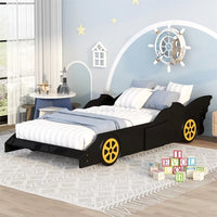 Twin Size Race Car-Shaped Platform Bed with Wheels, Wood Platform Bed with Wood Slats Support, Floor Bed for Kids Boys Girls, No Box Spring Required, Black+Yellow