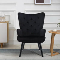 Velvet Tufted Button Accent Chair with Wood Legs, Upholstered Wingback Accent Chair for Living Room, Black