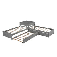 L-shaped Platform Bed with Trundle and Drawers, 3 Twin Beds in One with Built-in Desk for Kids Teens Bedroom, No Box Spring Needed, Gray
