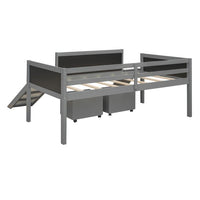 Low Loft Bed with Slide and Two Storage Boxes, Chalkboard, Wood Twin Size Loft Bed with Climbing Frame and Rope (Gray, Loft Bed)