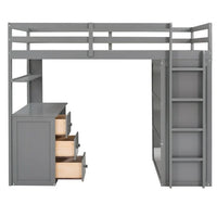 Multi-functional Loft Bed,Twin Size Loft Bed Frame with Desk, Wardrobe and 3 Drawers, Wood High Loft Bed Frame with Full-Length Guardrails for Kids Teens Boys Girls, Gray