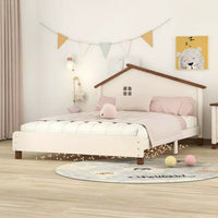 Full Size Wood Platform Bed with House-shaped Headboard, Wooden Bed Frame with Shelf Behind, Cute Full Bed for Kids Teens Girls Boys, No Box Spring Needed, Cream+Walnut