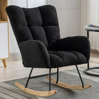 Modern Teddy Fabric Nursery Rocking Chair, Wingback Glider Rocker Accent Chair with Solid Wood Base Metal Frame for Bedroom, Living Room, Porch, Office, Black