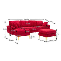 U-Shaped Sectional Sofa Couches with Movable Ottoman, Upholstered Accent Sofa Futon Sleeper Sofa with Extra Wide Double Chaise, 114.42'' Modular Sofa with 2 Pillows & Golden Metal Legs, Teal Red