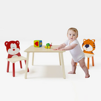 Kids Table and 2 Chairs Set with Cartoon Animal Decoration, 3 Pieces Wooden Toddler Table and Chair Set, Activity Play Table Set for Boys, Girls Arts Reading Writing Age 3 Years+, Bear&Tiger