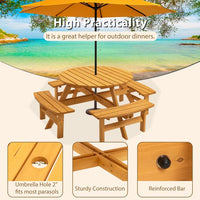8 Person Wood Picnic Table, Outdoor Round Picnic Table with 4 Built-in Benches, Umbrella Hole, Outside Table and Bench Set for Garden, Backyard, Porch, Patio, 2220lbs Capacity Per Bench- Natural