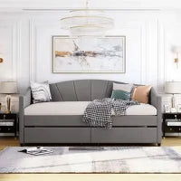 Twin Size Upholstered Daybed, Velvet Daybed with Two Storage Drawers, Wood Slat Support Sofa Bed Frame, No Box Spring Needed, Velvet Grey Daybed with Drawers, No Mattress Included, Gray