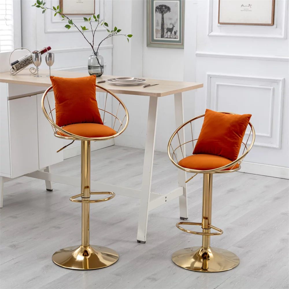 Swivel Bar Chair Set of 2 with Toss Pillow and Seat Cushion, 2 Piece Velvet Adjustable Bar Stool with Gold Base and Footrest, Kitchen Island Stools with Curved Back, Suitable for Dinning room, Orange