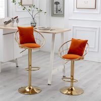 Swivel Bar Chair Set of 2 with Toss Pillow and Seat Cushion, 2 Piece Velvet Adjustable Bar Stool with Gold Base and Footrest, Kitchen Island Stools with Curved Back, Suitable for Dinning room, Orange