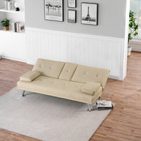 67" Convertible Sofa Bed, PU Leather Sofa with 2 Adjustable Cup Holders, Double Folding Sofa Sleeper with Pillows and Metal Frame for Home Office Hotel, Beige