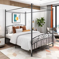 JINS & VICO Platform Bed, Queen Size Metal Canopy Bed Frame with Headboard and Footboard, Bed Frame for Kids Adults Bedroom, Easy Assembly, No Box Spring Needed, Black