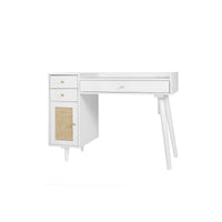 Makeup Vanity with Charging Port, Modern Dressing Table with Rattan Door and Multi-Storage, White Vanity Desk for Bedroom, Living Room, Weight Capacity 160 Pounds