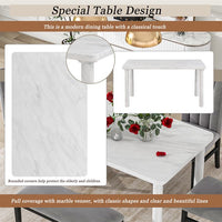 6-Piece Dining Table Set, Marble Veneer Dining Table with 4 Flannelette Upholstered Dining Chairs & Bench, Modern Kitchen Table Set for Dining Room Kitchen, Dining Table Set for 6, White+Gray
