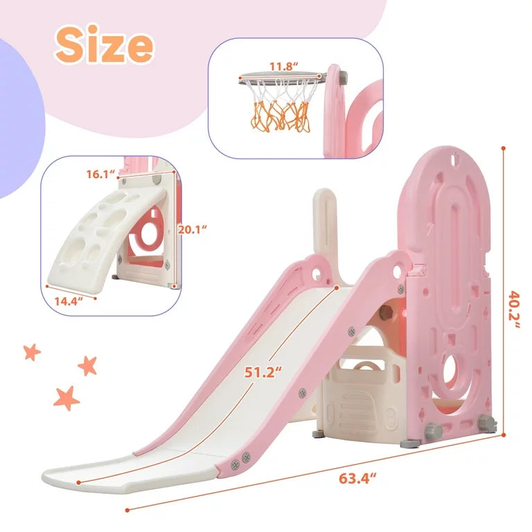 Toddler Climb and Slide Set 4 in 1, Freestanding Playground Climber Slide Play Combination Set with Fold-Up Basketball Hoop and Driving Game Space, Indoor Outdoor Toys Games Set for Kids Teens, Pink