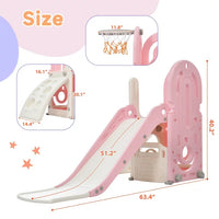 Toddler Climb and Slide Set 4 in 1, Freestanding Playground Climber Slide Play Combination Set with Fold-Up Basketball Hoop and Driving Game Space, Indoor Outdoor Toys Games Set for Kids Teens, Pink