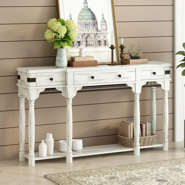 Mediterranean Retro-Style 60" Console Table,Entryway Table with Storage Drawers and Bottom Shelf,Sofa Side Table for Entryway, Hallway and Living Room,Creamy White