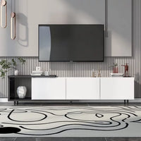 Modern Solid Wood TV Stand - 84.6 Inch Modern Entertainment Center for up to 80 Inch TV Screen - Black TV Cabinet - Glossy & Matt Paint Media Console Table for Media Player, Game Console, White