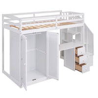 Twin Size Loft Bed with Wardrobe and Staircase, Wood Loft Bed Frame with Desk and Storage Drawers and Cabinet in 1 for Kids Teens Boys Girls Adults, Space Saving Furniture for Bedroom, White