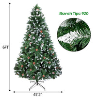 6FT Pre-Decorated Artificial Flocked Christmas Tree, Snowy Pine Cone Holiday Decoration w/ 920 Tips Branch & 52 Pine Cone,Sturdy Metal Stand