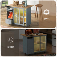 Kitchen Island with Drop Leaf, Modern LED Light Kitchen Cart on Wheels with 2 Fluted Glass Doors and 1 Flip Cabinet Door, 44" Large Kitchen Island Cart with an Adjustable Shelf and 2 Drawers, Gray