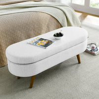 Oval Storage Bench 43.5" Modern Linen Fabric Upholstered Entryway Bench with Rubber Wood Legs Ottoman Bench Indoor Storage Bench for Living Room, Bedroom, End of Bed, Entryway, Bed Side, White