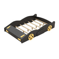 Full Size Race Car-Shaped Platform Bed for Kids, Solid Wood Platform Bed Frame with Wheels and Storage, Sturdy Car Bed with Full-Length Guardrails for Kids Boys and Girls, Space Saving Design, Black