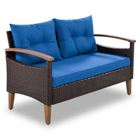 4-Piece Outdoor Sofa Set, PE Rattan Patio Sofa Set with 2 Single Chair, 1 Loveseat and 1 Wood Table, Patio Furniture Set with Solid Legs for Pool Side,Backyard,Garden, Blue