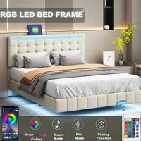 Queen Bed Frame with Led Lights,Upholstered Platform Bed Frame with USB Charging and Headboard, PU Floating Bed Frame for Living Room, Strong Wood Slat Support,No Box Spring Needed,Beige