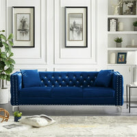 3 Seater Sofa, 82.3" Modern Velvet Tufted Upholstered Accent Sofa with 2 Pillows and Jeweled Buttons Velvet Sofa with Curved Backrest & Square Arm and Metal Legs for Living Room Office, Blue