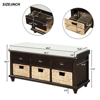 Rustic Storage Bench with 3 Drawers and 3 Rattan Baskets, Shoe Bench for Living Room, Entryway, Removable Linen Blend Cushion (Espresso)