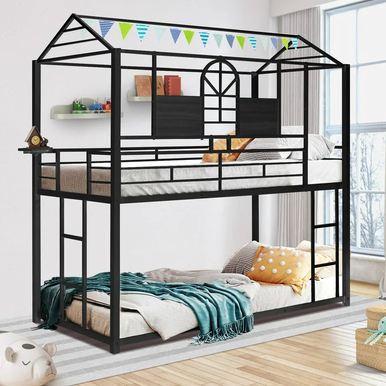 Metal House Bunk Bed with 2 Build-in Ladders, Twin Over Twin Bed Frame with Roof and Window for Kids Girls Boys, FloorBunk Bed with Guardrails, Can be Decorated, No Box Spring Needed, Black