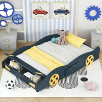 Full Size Race Car-Shaped Platform Bed for Kids, Solid Wood Platform Bed Frame with Wheels and Storage, Sturdy Car Bed with Full-Length Guardrails for Kids Boys and Girls, Space Saving Design, Blue