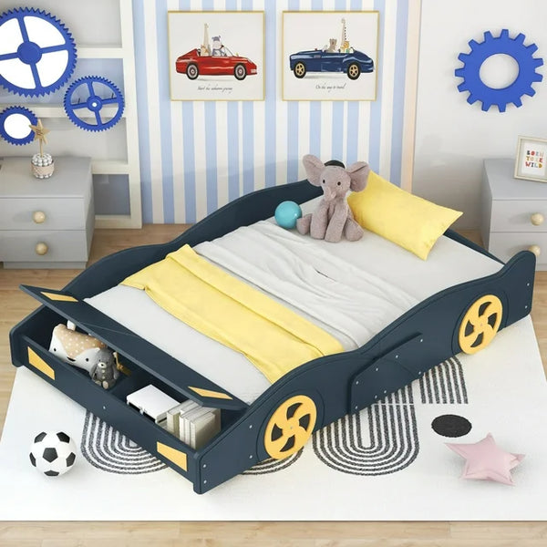 Full Size Race Car-Shaped Platform Bed for Kids, Solid Wood Platform Bed Frame with Wheels and Storage, Sturdy Car Bed with Full-Length Guardrails for Kids Boys and Girls, Space Saving Design, Blue