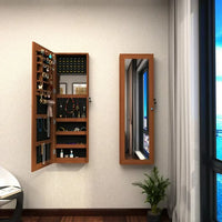 Mirror Jewelry Cabinet, 47.2"H Jewelry Cabinet Mirrored Furniture, Wall Mount and Over The Door Wooden Mirror Cabinet with Outside Full Length Dressing Mirror and Inside Small Mirror, Oak