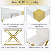 Dining Room Sets,7-Piece Modern Dining Table Set,Rectangular Marble Texture Kitchen Table and 6 PU Leather Chairs with X-Shaped Gold Steel Pipe Legs for Dining Room Living Room,White