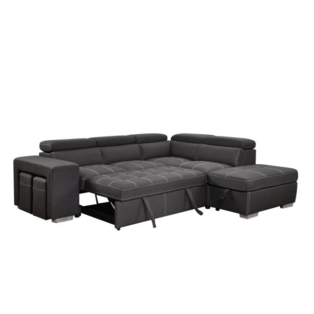 105" Accent Sofa, Modern Sectional Sofa with Adjustable Headrest, Sleeper Sectional Pull Out Couch Bed with Storage Ottoman and 2 Stools, Large Sofa Couch for Living Room Apartment Hotel,Charcoal Grey