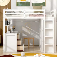 Twin Size Loft Bed with Desk and Wardrobe, Wood Loft Bed Frame with Storage Drawers and Full-Length Guardrails, High Loft Bed for Kids Teens Boys and Girls (White)