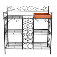 Retro Console Table with 6 Shelves and 12 Bottles Wine Racks, Metal Storage Bookshelves Side Table with Wood Cabinet, Multifunctional Freestanding Cupboard for Entryway Kitchen Living Room, Black