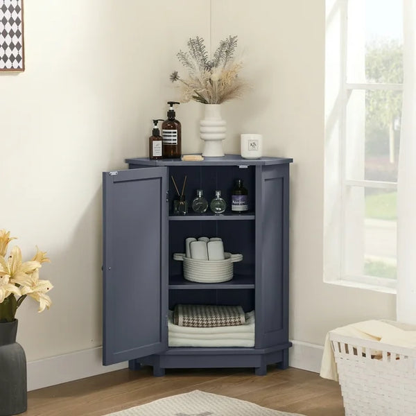 Bathroom Cabinet, Triangle Corner Storage Cabinet with Adjustable Shelf, Modern MDF Board Bathroom Storage Cabinet, Freestanding Small Cabinet with Solid Wood Legs for Bathroom and Living Roome,Gray