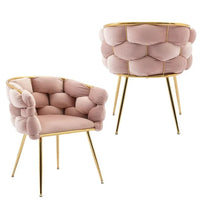 Luxury Velvet Accent Chair Set of 2, Modern Upholstered Chair with Metal Frame, Stylish Woven Back, Gold Frame, 2pcs Single Leisure Arm Chair for Living Room, Bedroom, Office, Balcony, Pink
