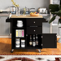 Kitchen Island on Wheels, Portable Kitchen Cart with 1 Storage Cabient, 2 Drawers and 3 Open Shelves, Rolling Kitchen Island with Lockable Rollers, Towel Holder and Spice Rack, Black