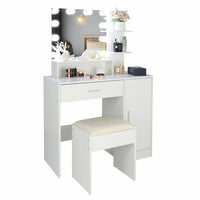 Makeup Vanity Desk with Lighted Mirror and 3 Shelves, White Dressing Table with A Drawer and A Cabniet, Vanity Table with Metal Frame and Particle Board, Modern Vanity Table with Mirror for Bedroom